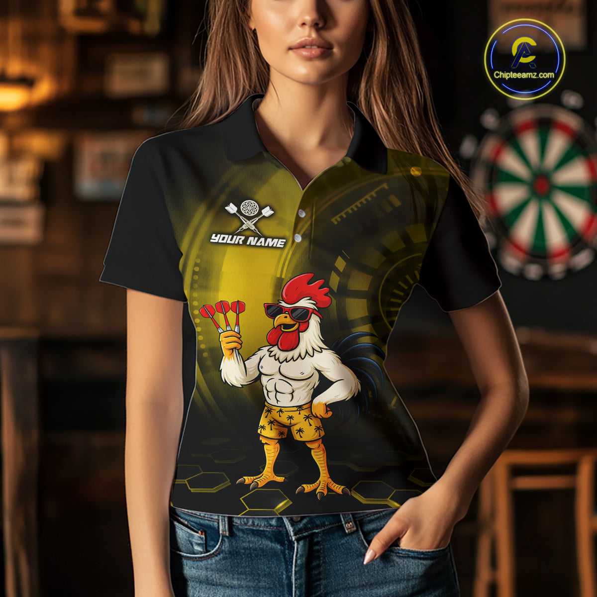 Custom Yellow Funny Chicken Darts Shirt for Women Darts Team Jerseys Polo & 1/4 Zip Dart League NNT131