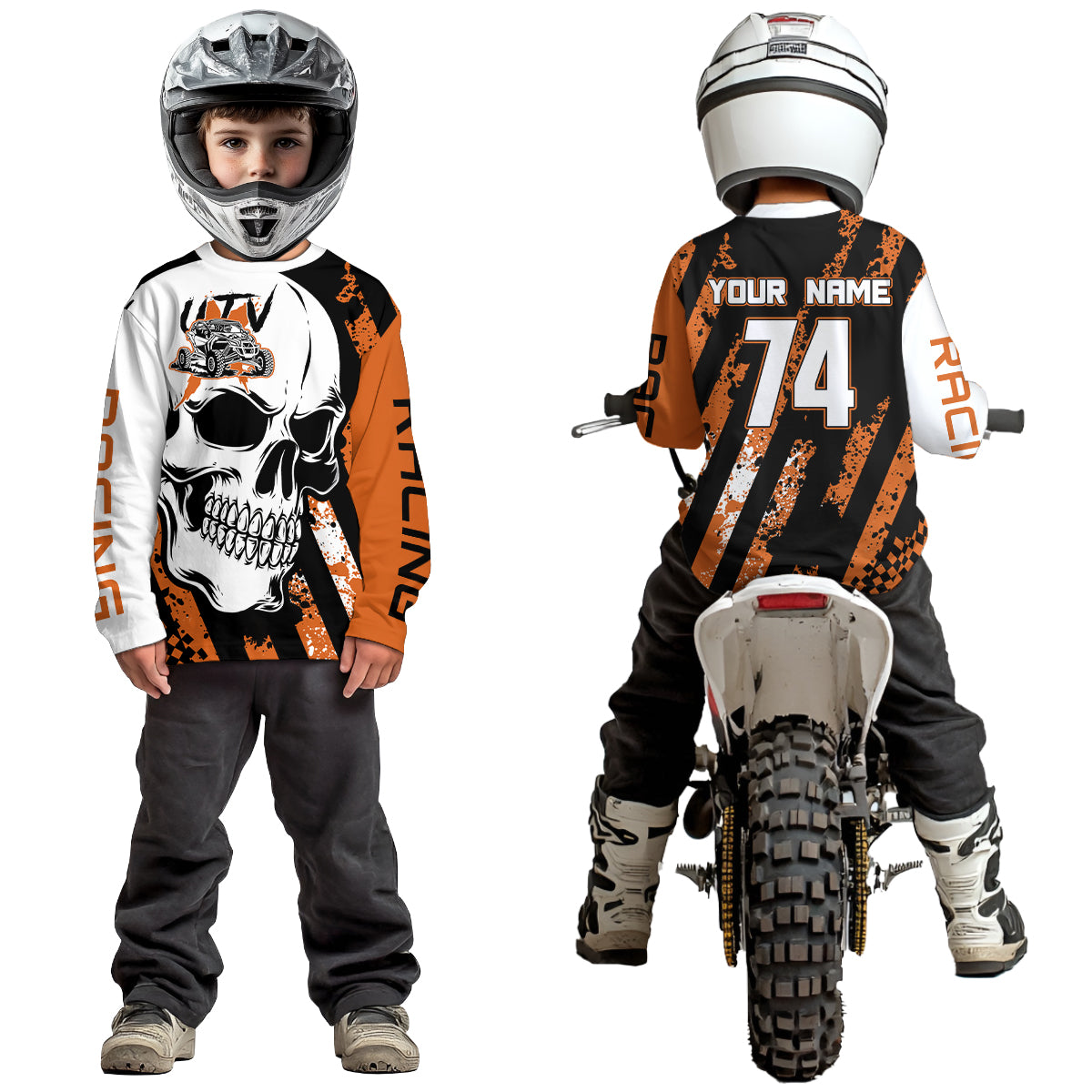 Custom Skull Orange UTV Off-Road Shirts UTV Motocross Racing Shirt Kid Men Women UPF30+ DNT89