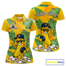 Load image into Gallery viewer, Front and back views of a bright yellow polo shirt with tropical leaf patterns, featuring a cartoon banana character wearing sunglasses and holding a bowling ball among scattered pins.