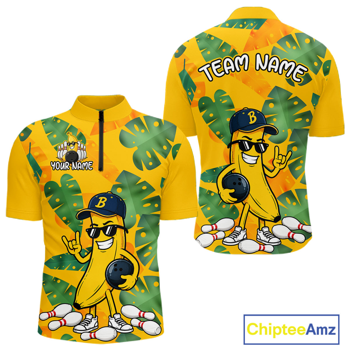 Front and back views of a bright yellow quarter zip shirt with tropical leaf patterns, featuring a cartoon banana character wearing sunglasses and holding a bowling ball among scattered pins.