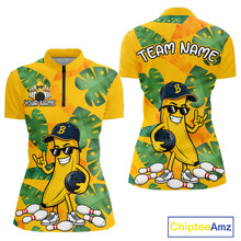 Load image into Gallery viewer, Front and back views of a bright yellow quarter zip shirt with tropical leaf patterns, featuring a cartoon banana character wearing sunglasses and holding a bowling ball among scattered pins.