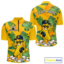 Load image into Gallery viewer, Front and back views of a bright yellow quarter zip shirt with tropical leaf patterns, featuring a cartoon banana character wearing sunglasses and holding a bowling ball among scattered pins.