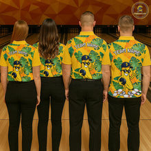 Load image into Gallery viewer, Four people wearing matching yellow bowling shirts with a banana character and 'Team Name' text on a bowling alley.