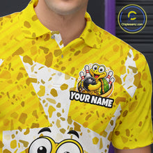 Load image into Gallery viewer, Detailed view of a yellow collared bowling jersey with white geometric accents, playful turtle bowling artwork, and personalized name text on the chest.
