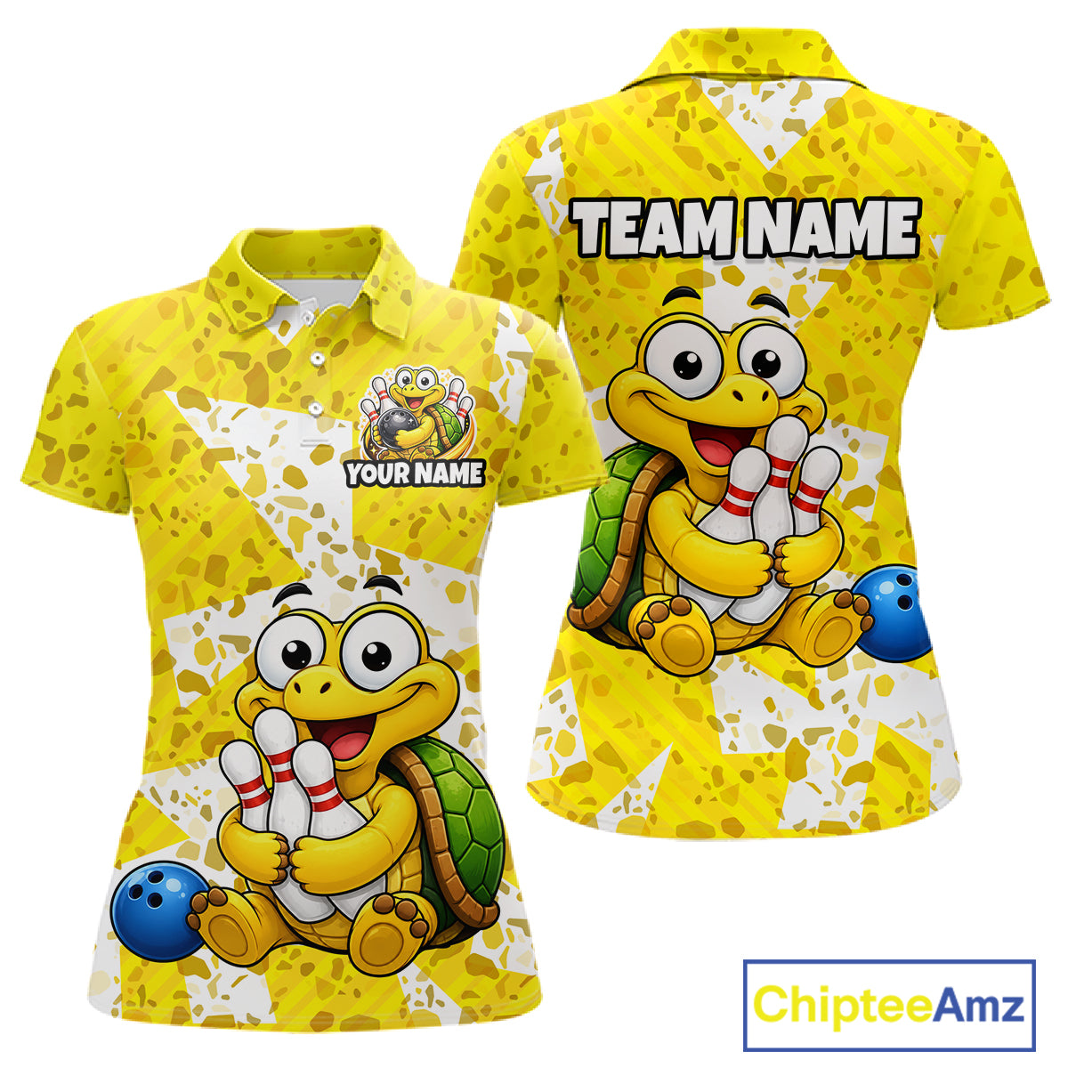 Front and back views of a bright yellow bowling polo shirt with abstract splatter patterns, featuring a cheerful cartoon turtle holding bowling pins and a blue bowling ball graphic.