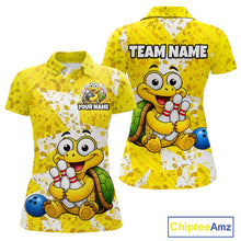 Load image into Gallery viewer, Front and back views of a bright yellow bowling polo shirt with abstract splatter patterns, featuring a cheerful cartoon turtle holding bowling pins and a blue bowling ball graphic.