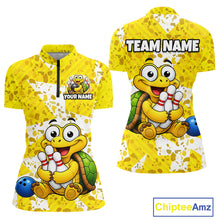 Load image into Gallery viewer, Front and back views of a bright yellow bowling quarter zip shirt with abstract splatter patterns, featuring a cheerful cartoon turtle holding bowling pins and a blue bowling ball graphic.