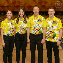 Load image into Gallery viewer, Four people wearing matching yellow bowling shirts with turtle characters on a bowling alley.