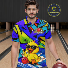 Load image into Gallery viewer, Men wearing a vibrant blue bowling polo featuring a cartoon duck in sunglasses, bowling pins, a red bowling ball, and personalized name and team name text.
