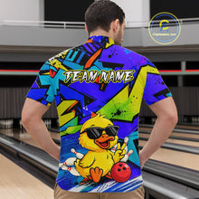 Load image into Gallery viewer, Men wearing a vibrant blue bowling quarter zip featuring a cartoon duck in sunglasses, bowling pins, a red bowling ball, and personalized name and team name text.