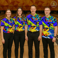 Load image into Gallery viewer, Four people wearing colorful bowling shirts with cartoon characters in a bowling alley.