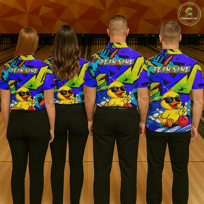 Four people wearing a vibrant blue bowling polo featuring a cartoon duck in sunglasses, bowling pins, a red bowling ball, and personalized name and team name text.