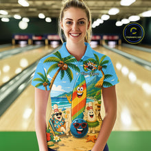 Load image into Gallery viewer, People wearing sky blue bowling polo with a tropical beach scene, smiling bowling ball and pins, colorful surfboard, palm trees, and personalized name 