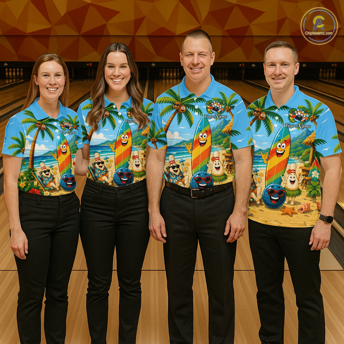 Four people wearing sky blue bowling polo with a tropical beach scene, smiling bowling ball and pins, colorful surfboard, palm trees, and personalized name 