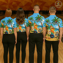 Load image into Gallery viewer, Four people wearing sky blue bowling polo with a tropical beach scene, smiling bowling ball and pins, colorful surfboard, palm trees, and personalized name 