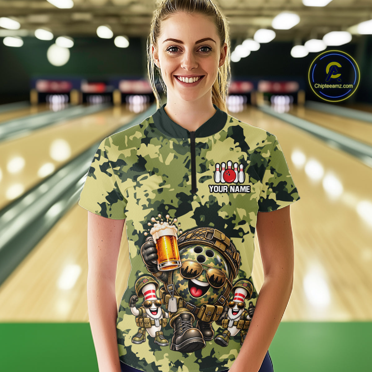 Military Camo Funny Beer Bowling Shirts Custom Bowling Shirts for Women Bowling Team Jersey HNT686