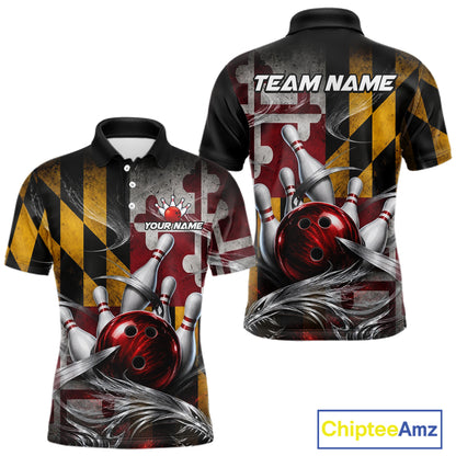 Custom Silver Smoke Maryland Flag Bowling Team Shirts Bowling Jersey for Men Bowling League HNT687