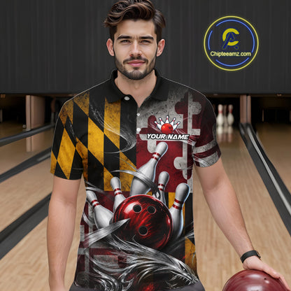Custom Silver Smoke Maryland Flag Bowling Team Shirts Bowling Jersey for Men Bowling League HNT687