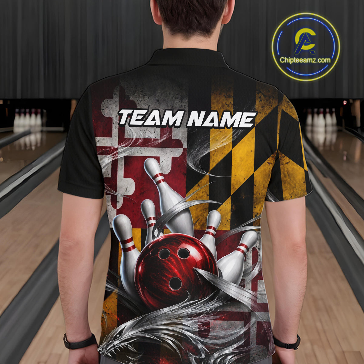 Custom Silver Smoke Maryland Flag Bowling Team Shirts Bowling Jersey for Men Bowling League HNT687
