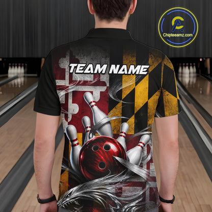 Custom Silver Smoke Maryland Flag Bowling Team Shirts Bowling Jersey for Men Bowling League HNT687