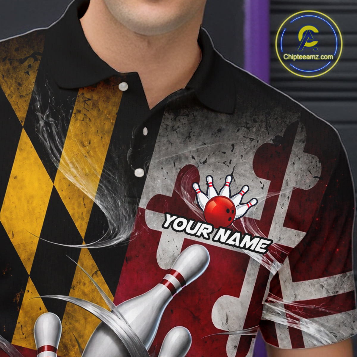 Custom Silver Smoke Maryland Flag Bowling Team Shirts Bowling Jersey for Men Bowling League HNT687
