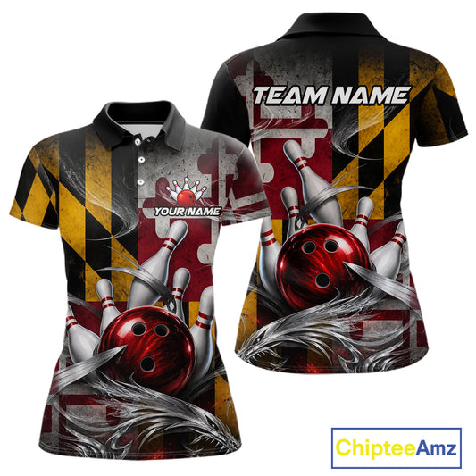 Custom Silver Smoke Maryland Flag Bowling Team Shirts Bowling Jersey for Women Bowling League HNT687