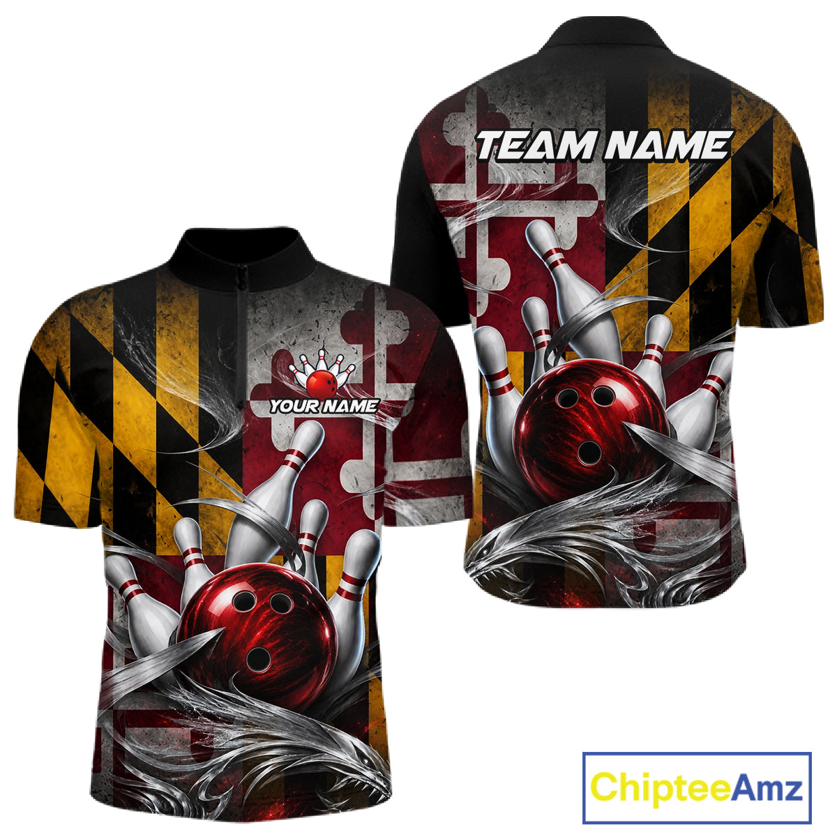Custom Silver Smoke Maryland Flag Bowling Team Shirts Bowling Jersey for Men Bowling League HNT687