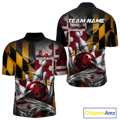 Custom Silver Smoke Maryland Flag Bowling Team Shirts Bowling Jersey for Men Bowling League HNT687
