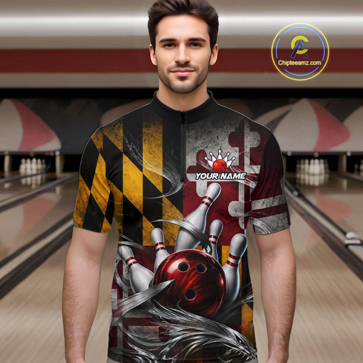 Custom Silver Smoke Maryland Flag Bowling Team Shirts Bowling Jersey for Men Bowling League HNT687