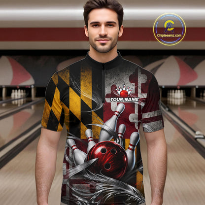 Custom Silver Smoke Maryland Flag Bowling Team Shirts Bowling Jersey for Men Bowling League HNT687