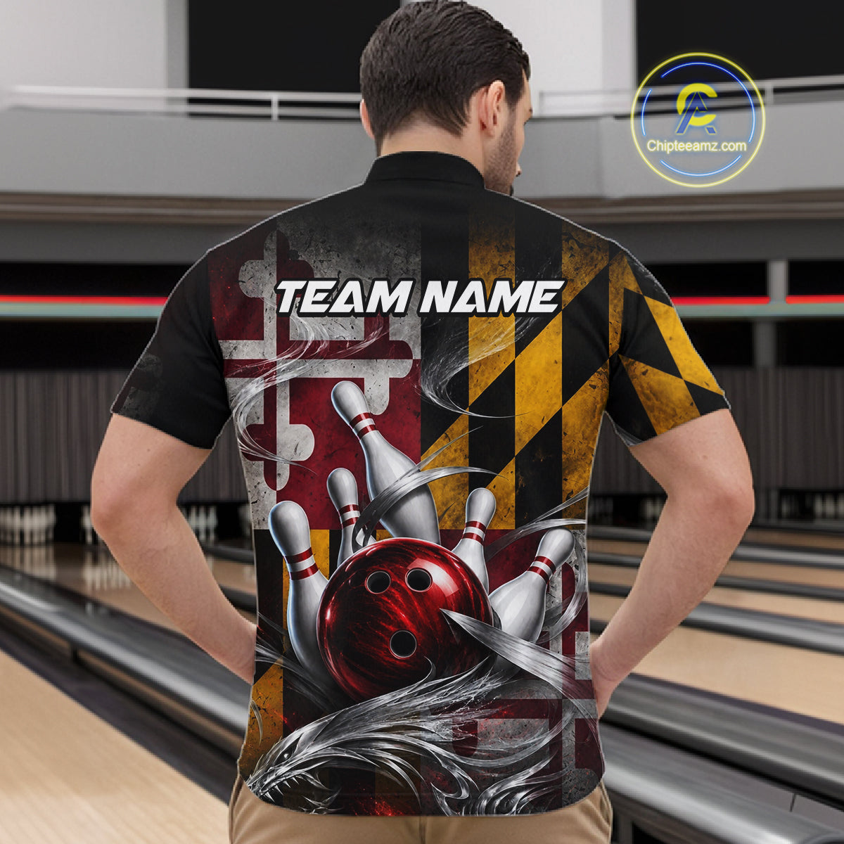 Custom Silver Smoke Maryland Flag Bowling Team Shirts Bowling Jersey for Men Bowling League HNT687