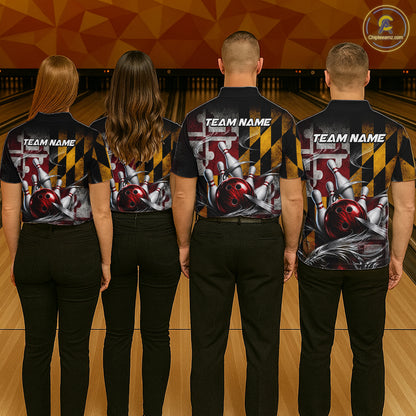 Custom Silver Smoke Maryland Flag Bowling Team Shirts Bowling Jersey for Men Bowling League HNT687