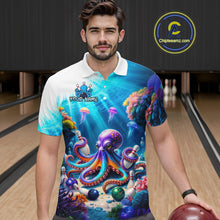Load image into Gallery viewer, Man wearing a colorful shirt with an octopus design in a bowling alley.