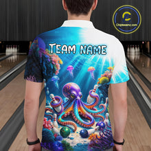 Load image into Gallery viewer, Man wearing a colorful shirt with an octopus design in a bowling alley.