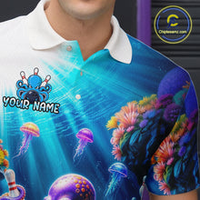 Load image into Gallery viewer, Detailed view of an ocean-themed bowling jersey showcasing bright aquatic colors, coral illustrations, floating jellyfish, and personalized name text on the chest.