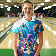 Load image into Gallery viewer, Woman wearing a colorful shirt with an octopus design in a bowling alley.