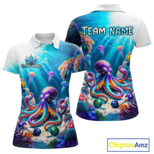 Load image into Gallery viewer, Front and back views of a white and ocean-blue bowling polo shirt featuring a vibrant underwater scene with a purple octopus, floating jellyfish, coral reefs, and scattered bowling pins.