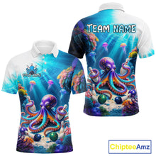 Load image into Gallery viewer, Front and back views of a white and ocean-blue bowling polo shirt featuring a vibrant underwater scene with a purple octopus, floating jellyfish, coral reefs, and scattered bowling pins.