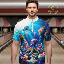 Load image into Gallery viewer, Man wearing a colorful shirt with an octopus design in a bowling alley.