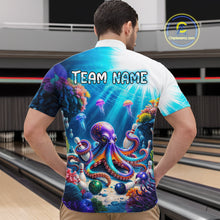 Load image into Gallery viewer, Man wearing a colorful bowling shirt with an octopus design and 'Team Name' text in a bowling alley.
