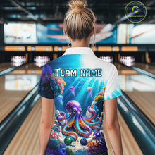 Load image into Gallery viewer, Woman wearing a colorful bowling shirt with an octopus design and 'Team Name' text in a bowling alley.