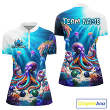 Load image into Gallery viewer, Front and back views of a white and ocean-blue bowling quarter zip shirt featuring a vibrant underwater scene with a purple octopus, floating jellyfish, coral reefs, and scattered bowling pins.