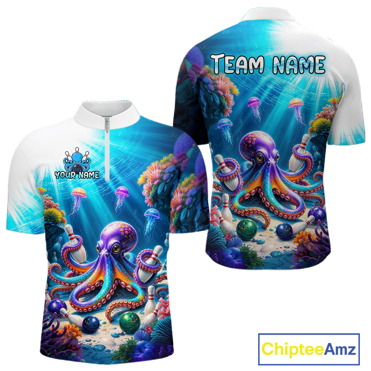 Front and back views of a white and ocean-blue bowling quarter zip shirt featuring a vibrant underwater scene with a purple octopus, floating jellyfish, coral reefs, and scattered bowling pins.