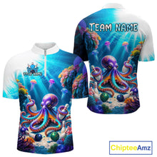 Load image into Gallery viewer, Front and back views of a white and ocean-blue bowling quarter zip shirt featuring a vibrant underwater scene with a purple octopus, floating jellyfish, coral reefs, and scattered bowling pins.