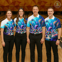Load image into Gallery viewer, Four people wearing colorful bowling shirts with octopus designs on a bowling alley.