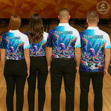 Load image into Gallery viewer, Four people wearing colorful bowling shirts with octopus designs and 'Team Name' text in a bowling alley.