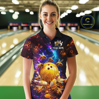 Woman wearing of a dark bowling polo with cosmic honeycomb graphics, bees, honey-dripping bowling balls, pins, and custom your name text.