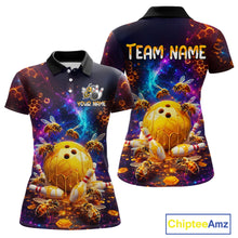 Load image into Gallery viewer, Front and back views of a dark bowling polo with cosmic honeycomb graphics, bees, honey-dripping bowling balls, pins, and custom team text.