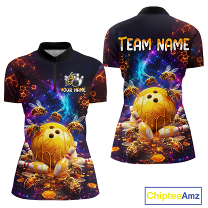 Front and back views of a dark bowling quarter zip with cosmic honeycomb graphics, bees, honey-dripping bowling balls, pins, and custom team text.