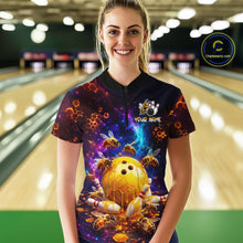 Load image into Gallery viewer, Woman wearing of a dark bowling quarter zip with cosmic honeycomb graphics, bees, honey-dripping bowling balls, pins, and custom your name text.